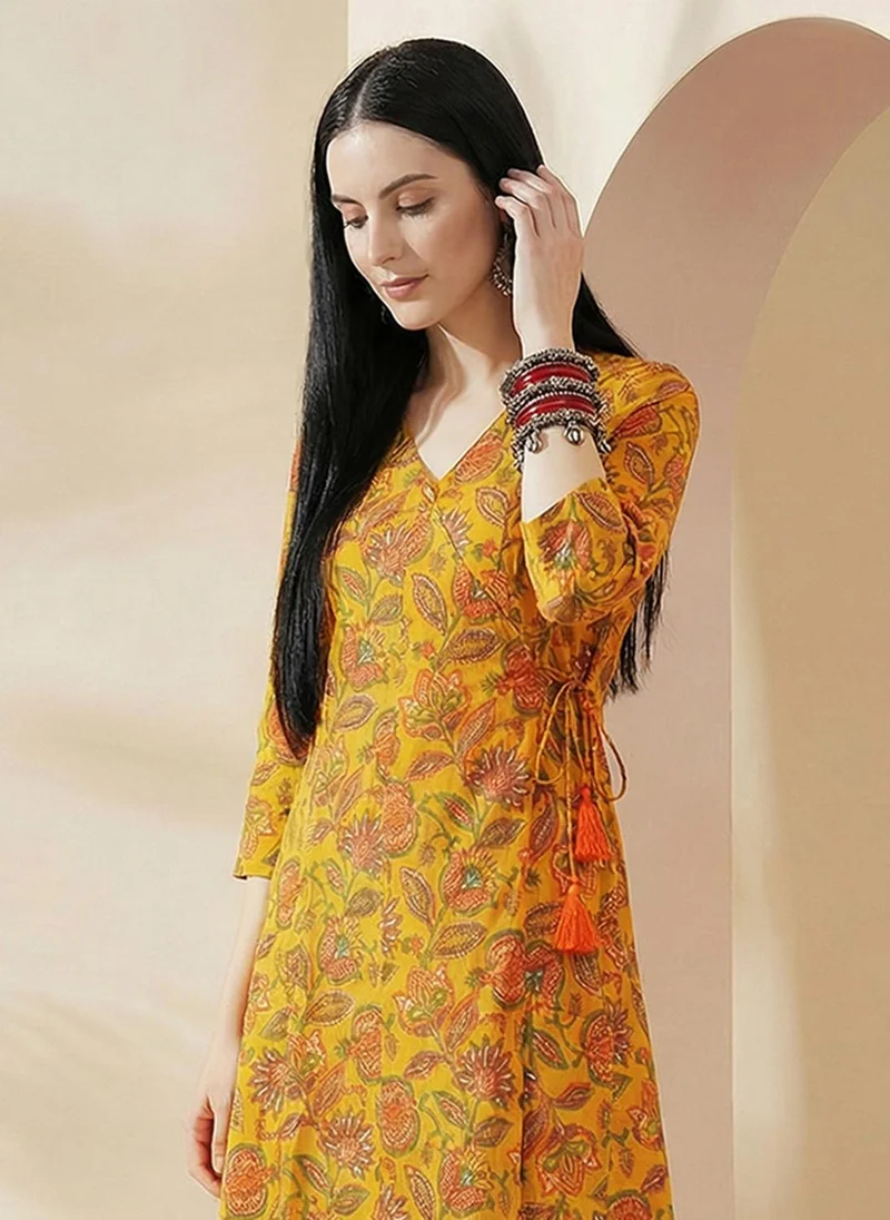 globus Yellow Globus Women Yellow Allover Floral Printed Wrap V-Neck Angrakha A-Line Kurta for Women | Best Price UAE